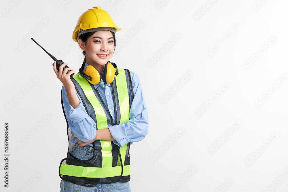 beautiful young asian woman engineer and safety helmet on white background, construction concept, Engineer, Industry. beautiful young asian woman engineer and safety helmet on white background, construction concept, Engineer, Industry.
