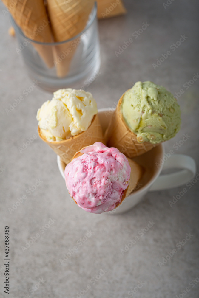 Close up of homemeade gelato in cones Close up of homemeade gelato in cones