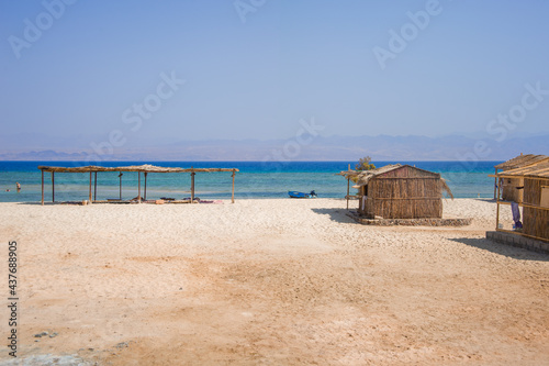 straw bungalows hippie Bedouin camps on the coast of the Sinai Peninsula of Egypt