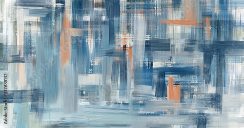 Fototapeta Naklejka Na Ścianę i Meble -  Abstract acrylic painting. Contemporary wall art. Shades of denim blue and orange modern background