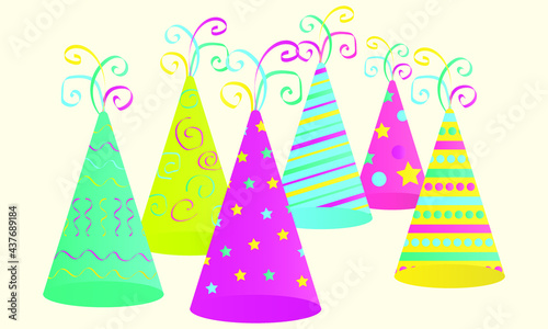 party hats of different colors with patterns on a light background. holiday caps for making cards, posters and flyers