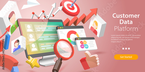 3D Isometric Flat Vector Conceptual Illustration of Customer Data Platform, Customer Relationship Management, Client Database
