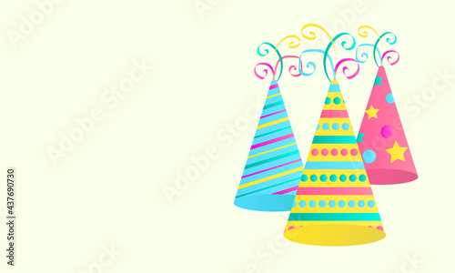 three party caps on a clair background with space to insert your text. holiday hats in pink, yellow and blue with various patterns for cards, banners and posters. vector illustration