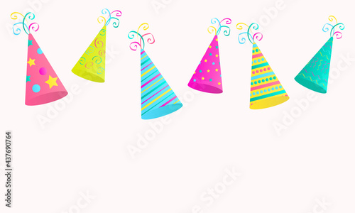 multicolored festive caps on a light background with an empty place to insert text or images. Party Happy Holidays Hats for Cover, Background or Wallpaper