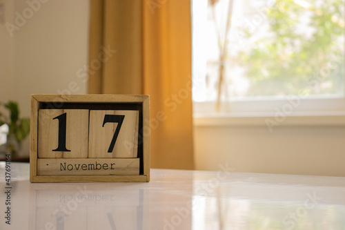 Wooden blocks of the calendar represents the date 17 and the month of November on the background of a window, curtain and a plant.