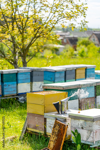 Group of honeycombs at field. Beekeeping farming with natural honey. © Vadim