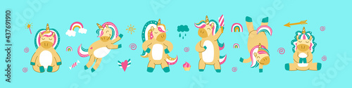 Cute cartoon unicorns on mint background. Funny animals in different poses and situations. Vector illustration.