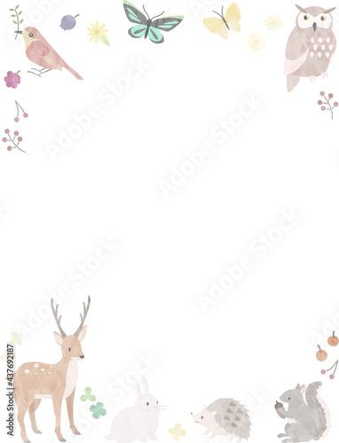 水彩風の森の動物たちのフレーム(白バックー縦長)