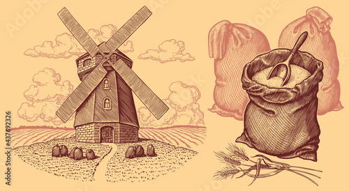  Windmill in the field and flour sacks. Design set. Editable hand drawn illustration. Vector vintage engraving. Isolated on light background. 8 EPS
