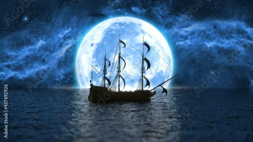 sailing ship sails on the horizon against the backdrop of a large moon, 3d animation