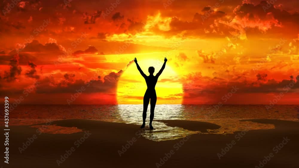 silhouette of a dancing woman in the ocean on a sunset background, 3d animation silhouette of a dancing woman in the ocean on a sunset background, 3d animation