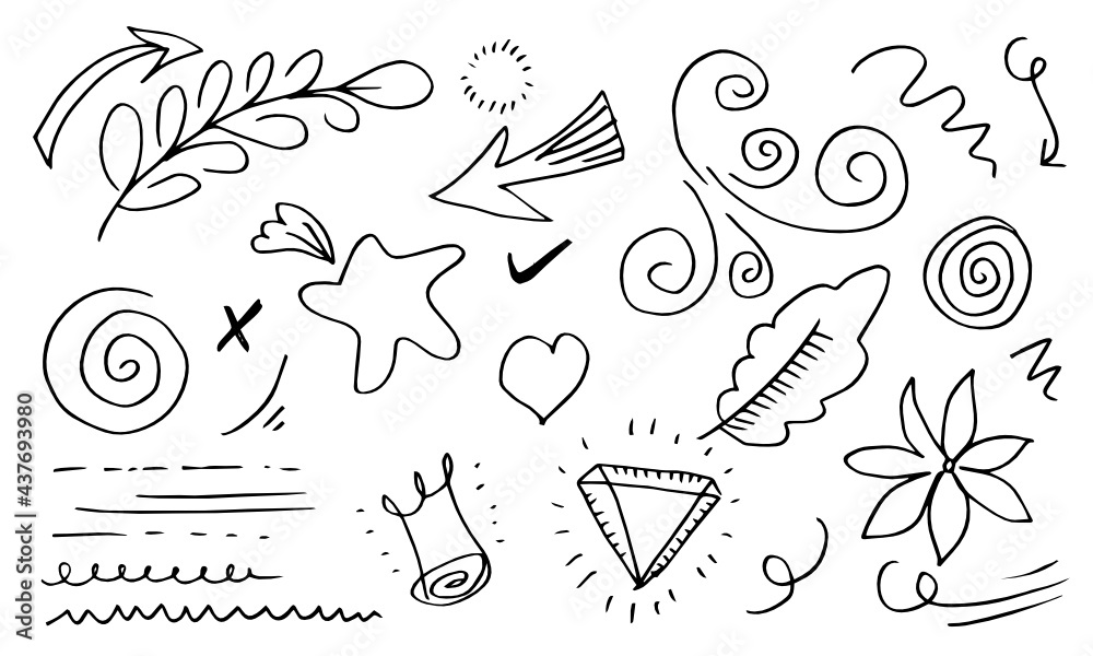 hand drawn set element,black on white background.circle,leaf,flower,arrow,star,check mark,heart,light,king,emphasis,swirl,for concept design.
