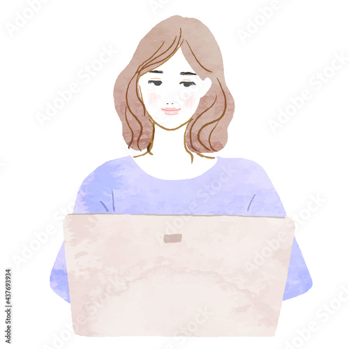 ノートパソコンと女性の水彩画