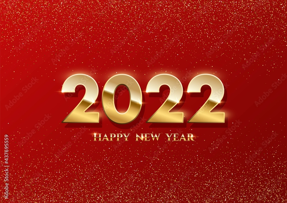 Happy new year 2022 background. Gold shining in light with sparkles  celebration flyer. Greeting festive card vector illustration. Merry holiday  modern poster or wallpaper design on red background Stock Vector | Adobe  Stock