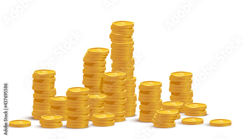 Gold coin stacks mockup vector illustration. Cash heap, wealth isolated on white background. Banking service, money loan. Successful investment, jackpot. Salary increase, revenue growth.