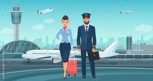 Pilot captain and stewardess, airplane crew standing next to aircraft vector illustration. Cartoon professional airline workers characters in uniform stand together on airport runway background