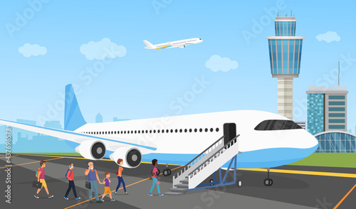 People in airport, queue of travelers and aircraft vector illustration. Cartoon passengers with bags standing in line, climb ladder to board aircraft before boarding travel flight adventure background