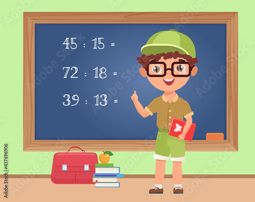 Kid boy student studying math in classroom, education vector illustration. Cartoon schoolboy standing at blackboard to write mathematical exercise, elementary school pupil on math lesson background