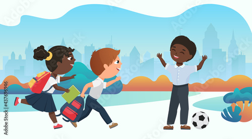 Happy children playing together in schoolyard vector illustration. Cartoon schoolchildren running to play ball after school lessons, funny diverse little girl boy child characters have fun background