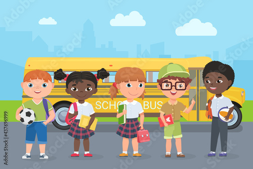 Happy kids stand on road in front of school bus vector illustration. Cartoon young schoolbus passengers travel to study, girl boy child holding ball, school bag and book, children go for knowledge