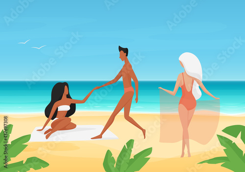 People in swimsuits on date, sunbathe and rest on summer sea tropical beach vector illustration. Cartoon young man character holding girls hand, dating and sunbathing on summertime vacation background