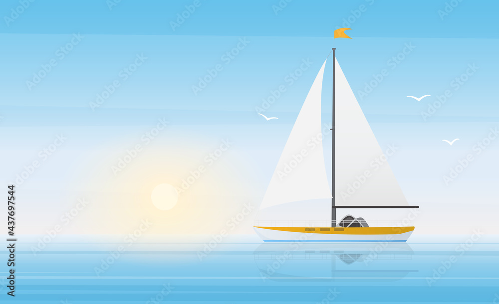 Sailboat yacht in clear blue water waves of sea or ocean landscape in sunny beautiful day vector illustration. Cartoon panorama scenery with ship boat under sun, summer seascape cruise background