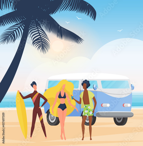 Surfer people with surfboards on summer sea beach party, surf extreme adventure vector illustration. Cartoon young man woman characters standing together in tropical coast landscape background