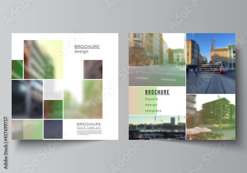 Vector layout of two square format covers design templates for brochure, flyer, magazine, cover design, book design, brochure cover. Abstract project with clipping mask green squares for your photo.