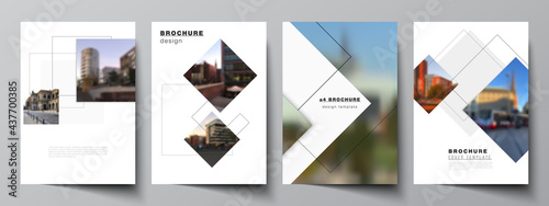 Vector layout of A4 format cover mockups design templates with geometric simple shapes, lines and photo place for brochure, flyer layout, booklet, cover design, book, brochure cover.