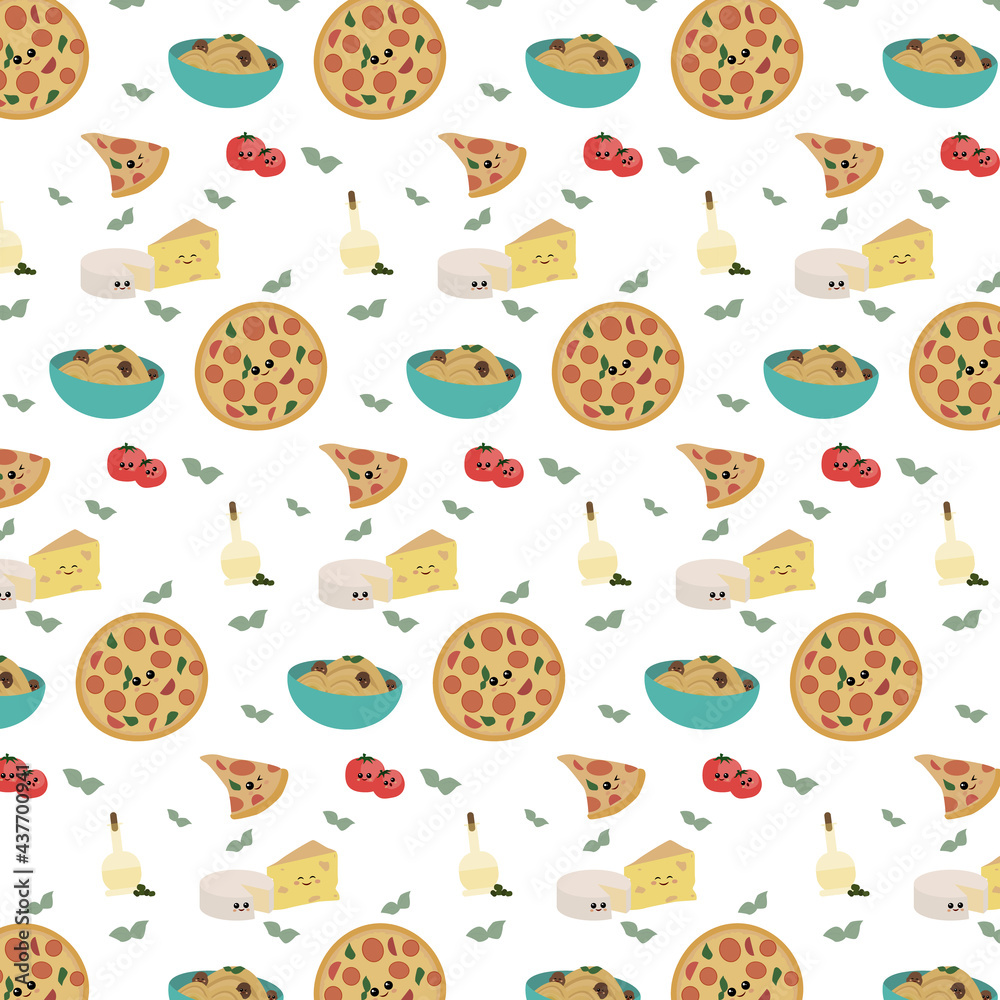 Italian food pattern. Tasty food. Pizza, spaghetti, cheese, tomatoes. Vector illustration.
