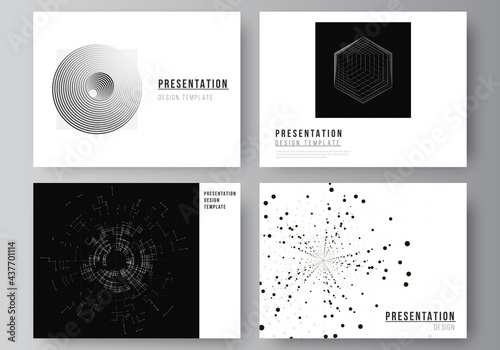 Vector layout of the presentation slides design templates for presentation brochure, brochure cover. Black color technology background. Digital visualization of science, medicine, technology concept.