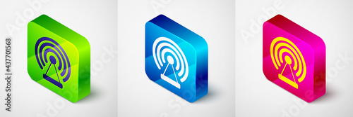 Isometric Radar icon isolated on grey background. Search system. Satellite sign. Square button. Vector
