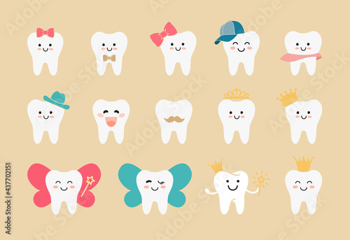 Tooth fairies with crowns and wings. Girl teeth and boy teet. Flat illustrations in kawaii style