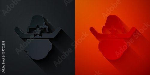 Paper cut Sheriff cowboy hat with star badge icon isolated on black and red background. Police officer. Paper art style. Vector