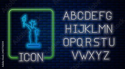 Glowing neon Statue of Liberty icon isolated on brick wall background. New York, USA. Neon light alphabet. Vector