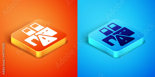 Isometric Shutdown of factory icon isolated on orange and blue background. Industrial building. Vector