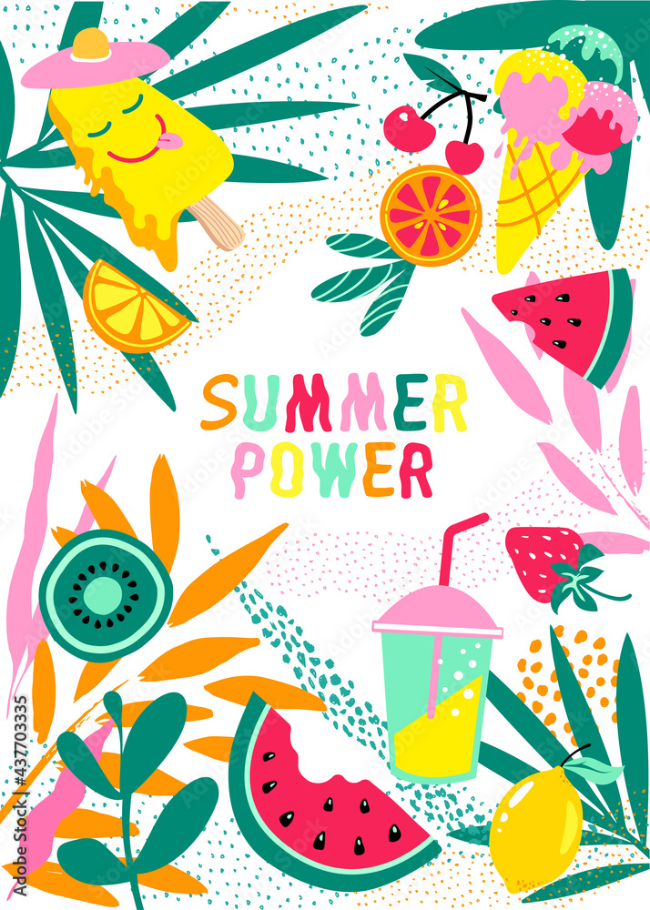 Summer power, mood on a white background. Tropical plants, ice cream, cocktail and fruit, vector illustration.