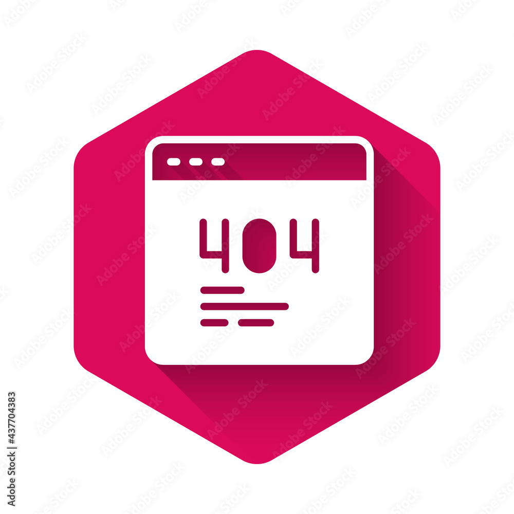 White Page with a 404 error icon isolated with long shadow background. Template reports that the page is not found. Pink hexagon button. Vector White Page with a 404 error icon isolated with long shadow background. Template reports that the page is not found. Pink hexagon button. Vector