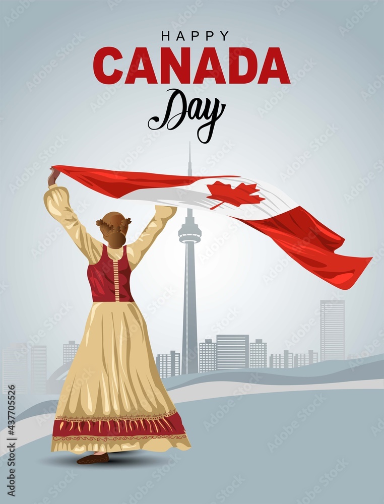 Fototapeta premium happy Canada day 1st July, girl holding with Canada flag. vector illustration. greeting card design