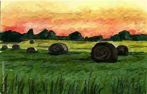 Watercolour painting of Field with Bales of Hay and Sunset or Sunrise