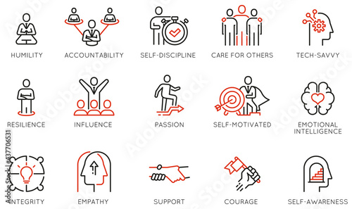Vector Set of Linear Icons Related to Leadership Traits, Qualities for Success. Development and Teamwork. Mono Line Pictograms and Infographics Design Elements - part 4