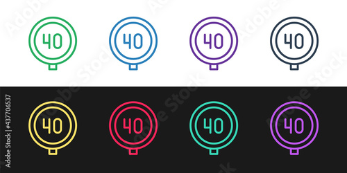 Set line Speed limit traffic sign 40 km icon isolated on black and white background. Vector