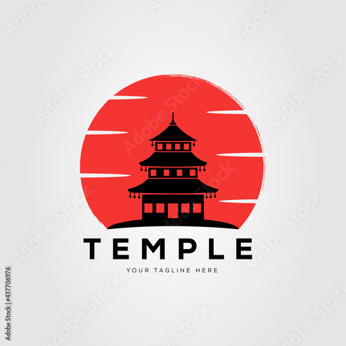 sunset silhouette pagoda temple logo vector illustration design
