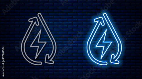 Glowing neon line Water energy icon isolated on brick wall background. Ecology concept with water droplet. Alternative energy concept. Vector