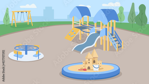 Empty playground flat color vector illustration. Zone for children outdoors. Preschool yard with sand pit. Kindergarten ground 2D cartoon characters with slides and swings for kids on background