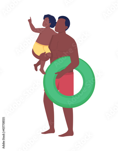 Father with son in swimsuits semi flat color vector character. Family figures. Full body people on white. Water park isolated modern cartoon style illustration for graphic design and animation