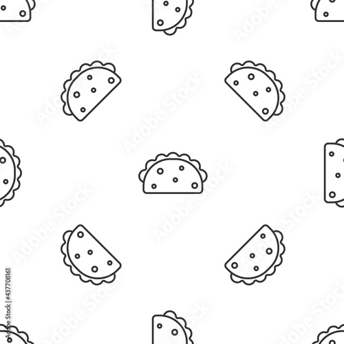 Grey line Taco with tortilla icon isolated seamless pattern on white background. Traditional mexican fast food menu. Vector