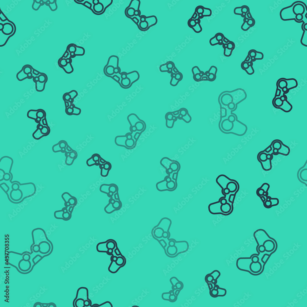 Black line Gamepad icon isolated seamless pattern on green background. Game controller. Vector Black line Gamepad icon isolated seamless pattern on green background. Game controller. Vector