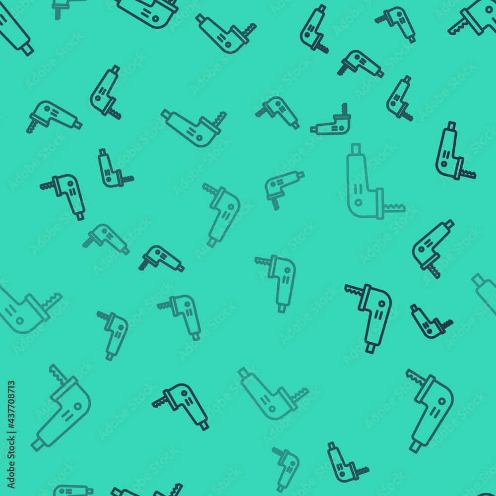 Black line Electric jigsaw with steel sharp blade icon isolated seamless pattern on green background. Power tool for woodwork. Vector Black line Electric jigsaw with steel sharp blade icon isolated seamless pattern on green background. Power tool for woodwork. Vector