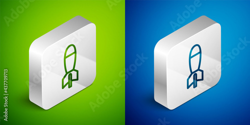 Isometric line Rocket launcher with missile icon isolated on green and blue background. Silver square button. Vector